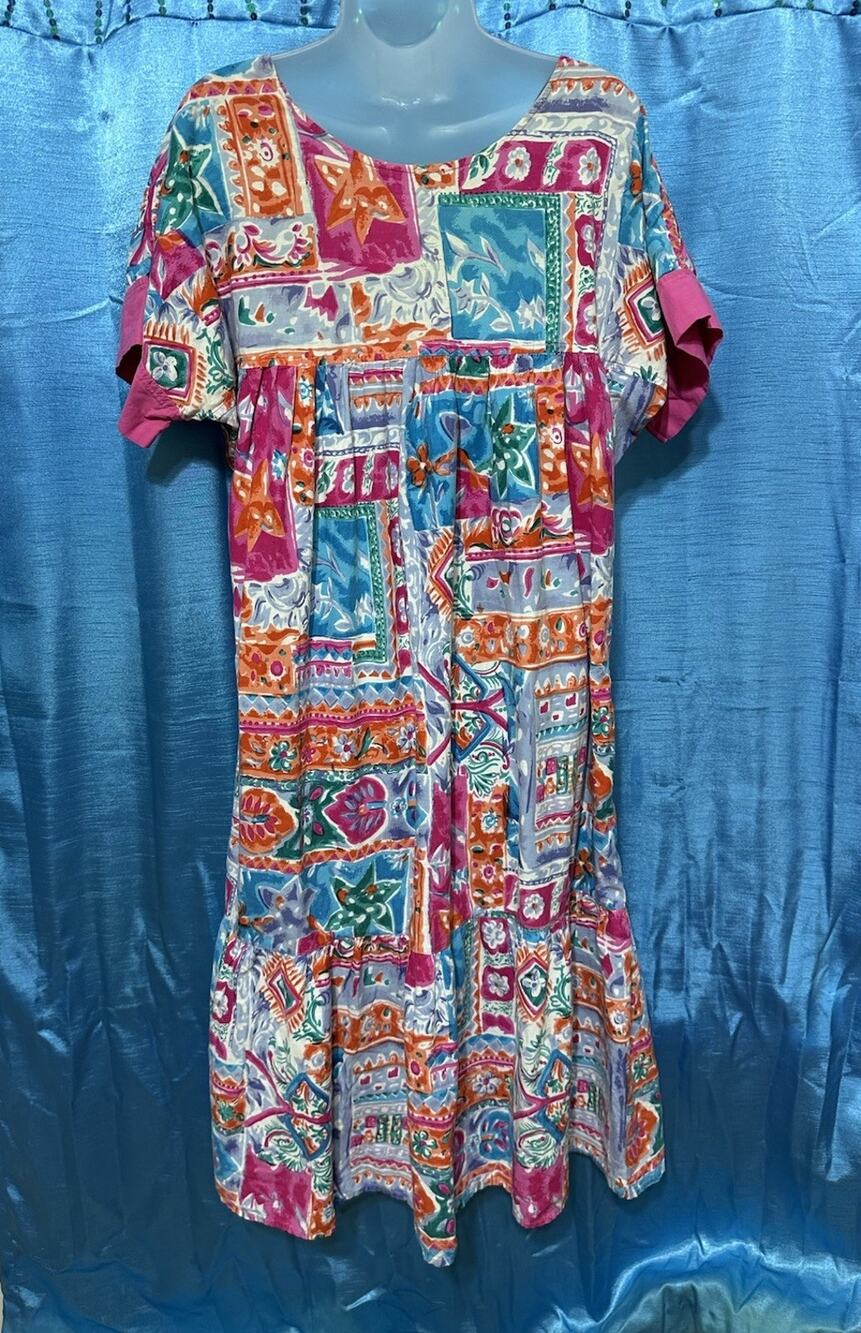 Vtg Phases Kaftan Dress L Short Sleeve Maxi Bottom Tier Multicolor Cotton